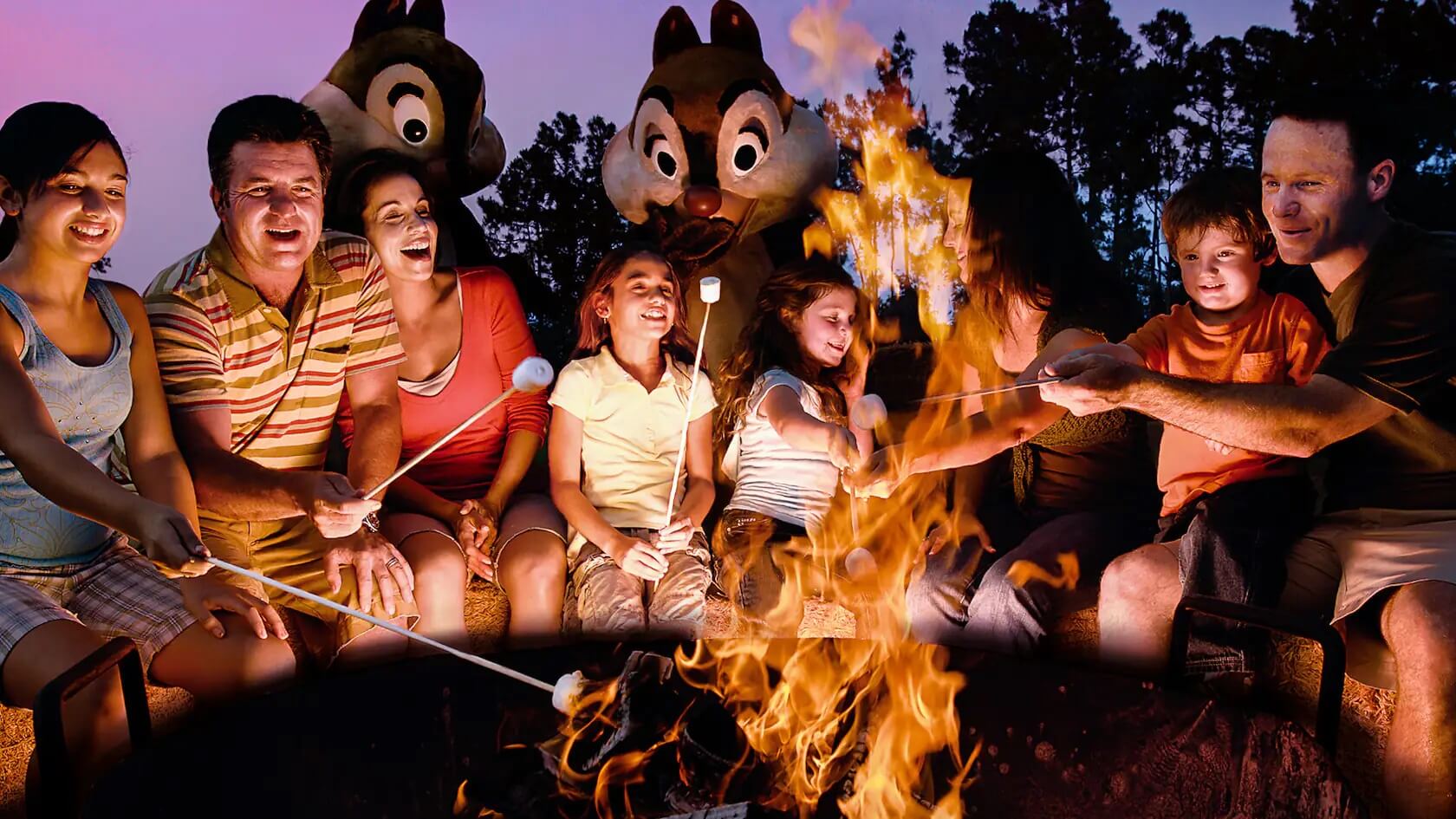 Besucher sitzen gemeinsam mit Chip und Chap um ein Lagerfeuer herum und rösten Marshmallows