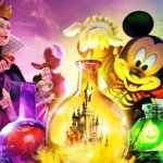 Grafik zum Halloween Festival im Disneyland Paris: Malefiz, Captain Hook und mickey Mouse sind mit Reagenzgläsern zu sehen. In den Reagenzgläsern befinden sich ein roter Apfel, das Disney Schloss und Geister.