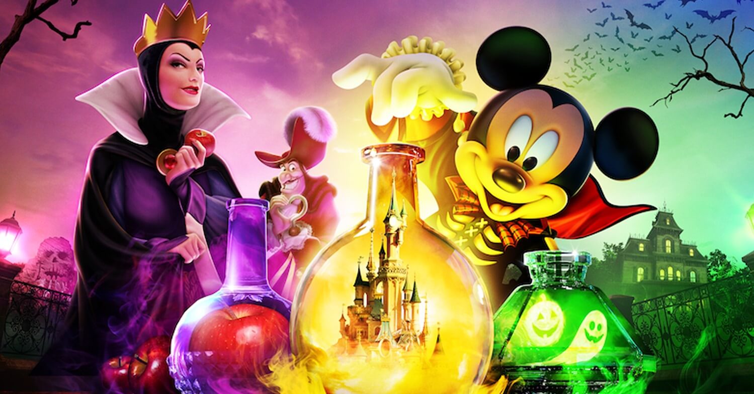 Grafik zum Halloween Festival im Disneyland Paris: Malefiz, Captain Hook und mickey Mouse sind mit Reagenzgläsern zu sehen. In den Reagenzgläsern befinden sich ein roter Apfel, das Disney Schloss und Geister.