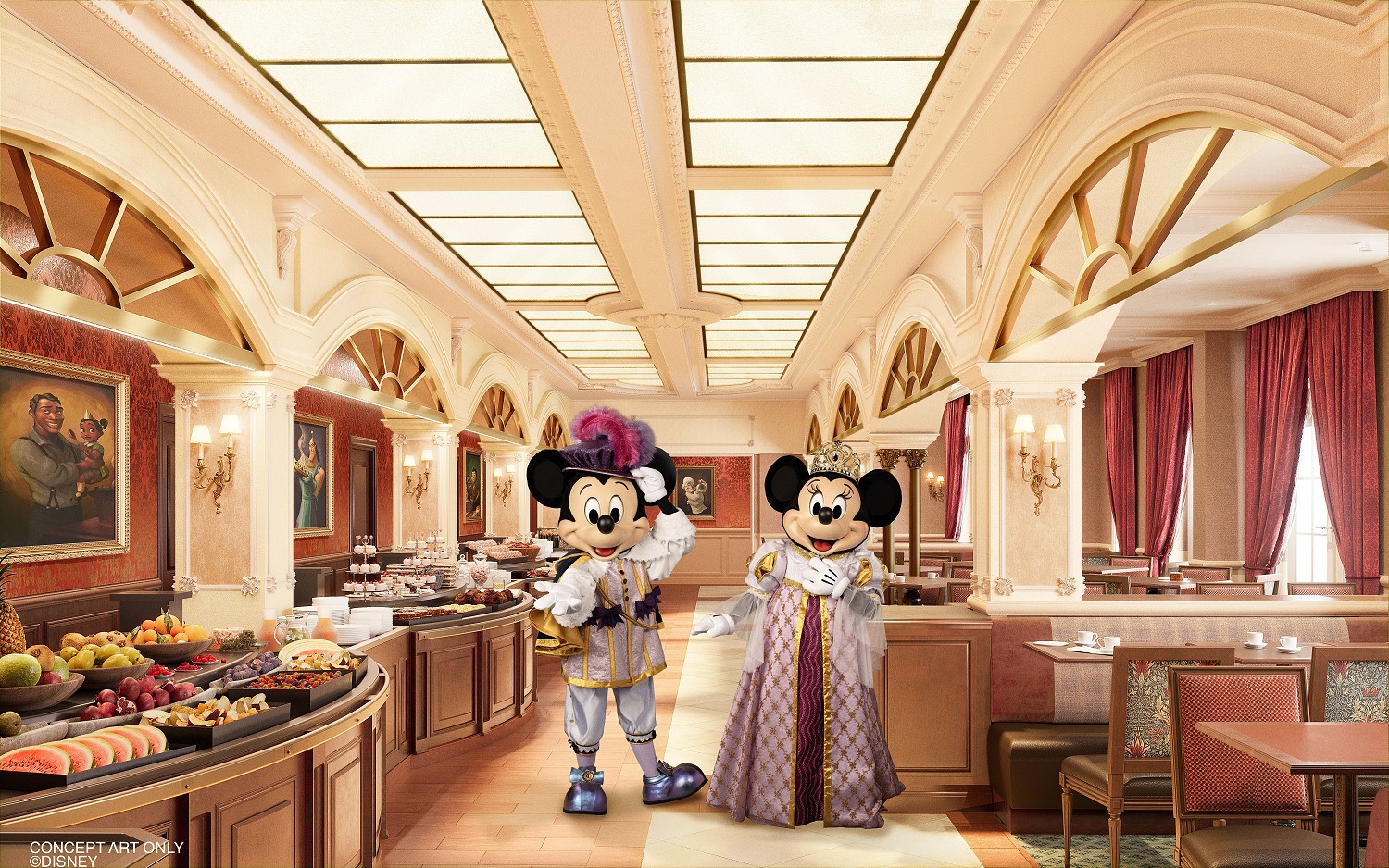 Mickey und Minnie in royalen Kostümen im Buffet-Restaurant The Royal Banquet