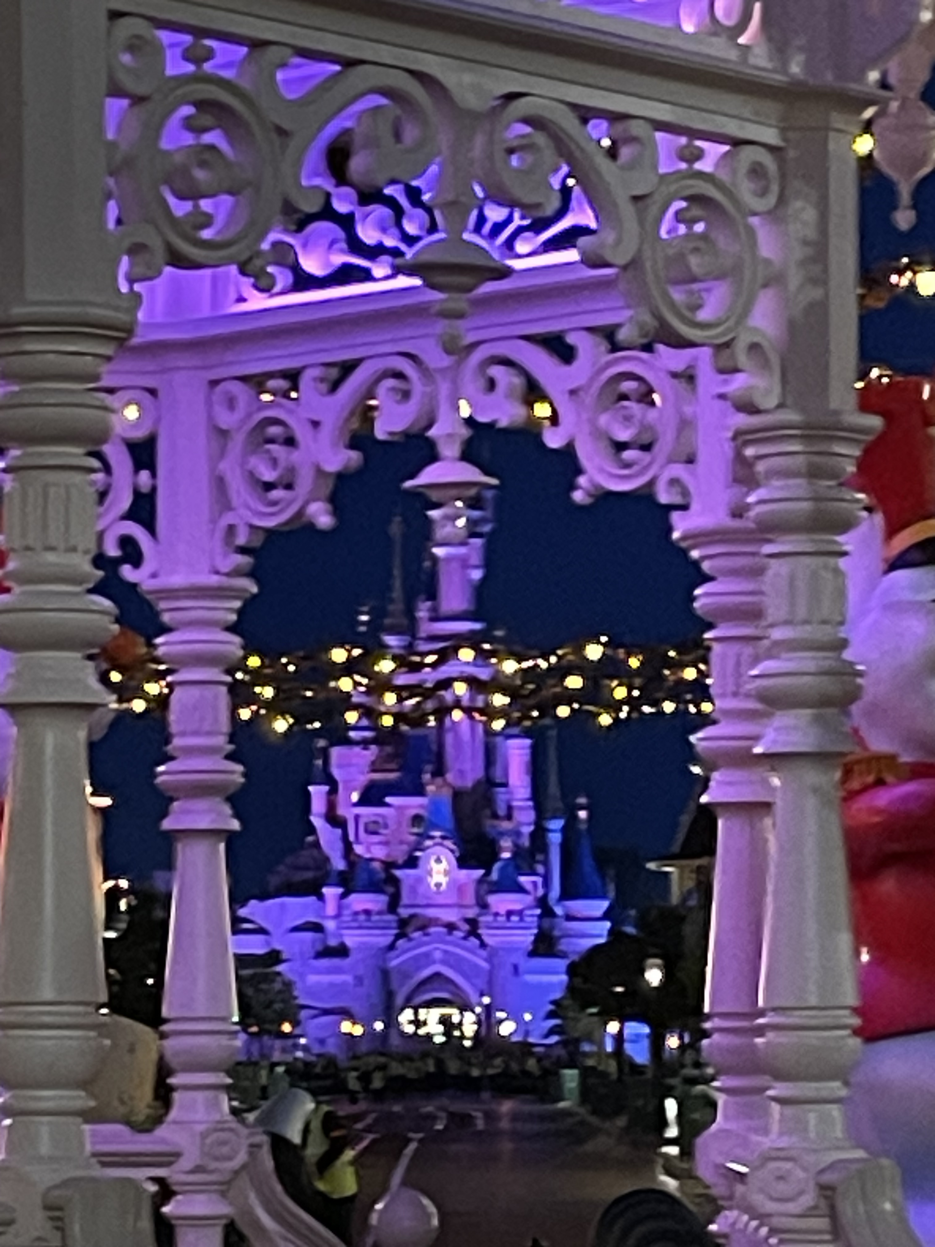 Blick durch das Gestänge des Gazebos auf das Sleeping Beauty Castle bei Dunkelheit