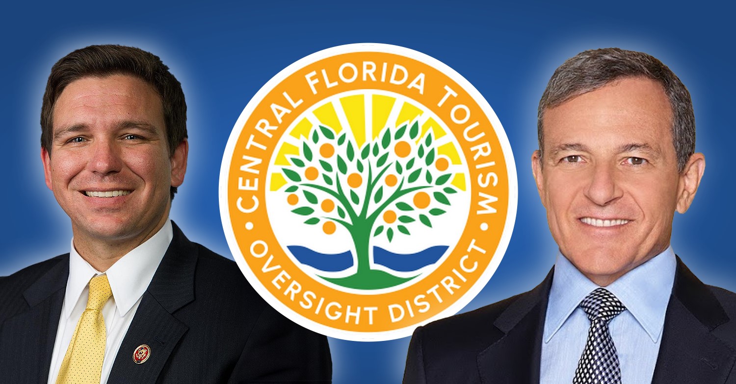 Ron DeSantis, Bob Iger und das Logo des Central Florida Tourism Oversight District im Kontext der Klageabweisung