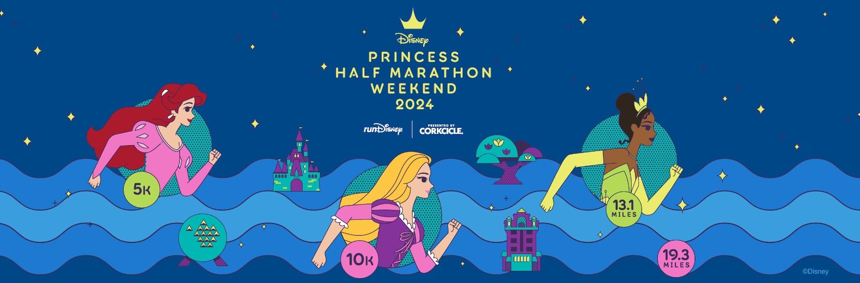 Grafik für das Disney Princess Half Marathon Weekend 2024 mit Abbildungen von Arielle, Rapunzel und Tiana