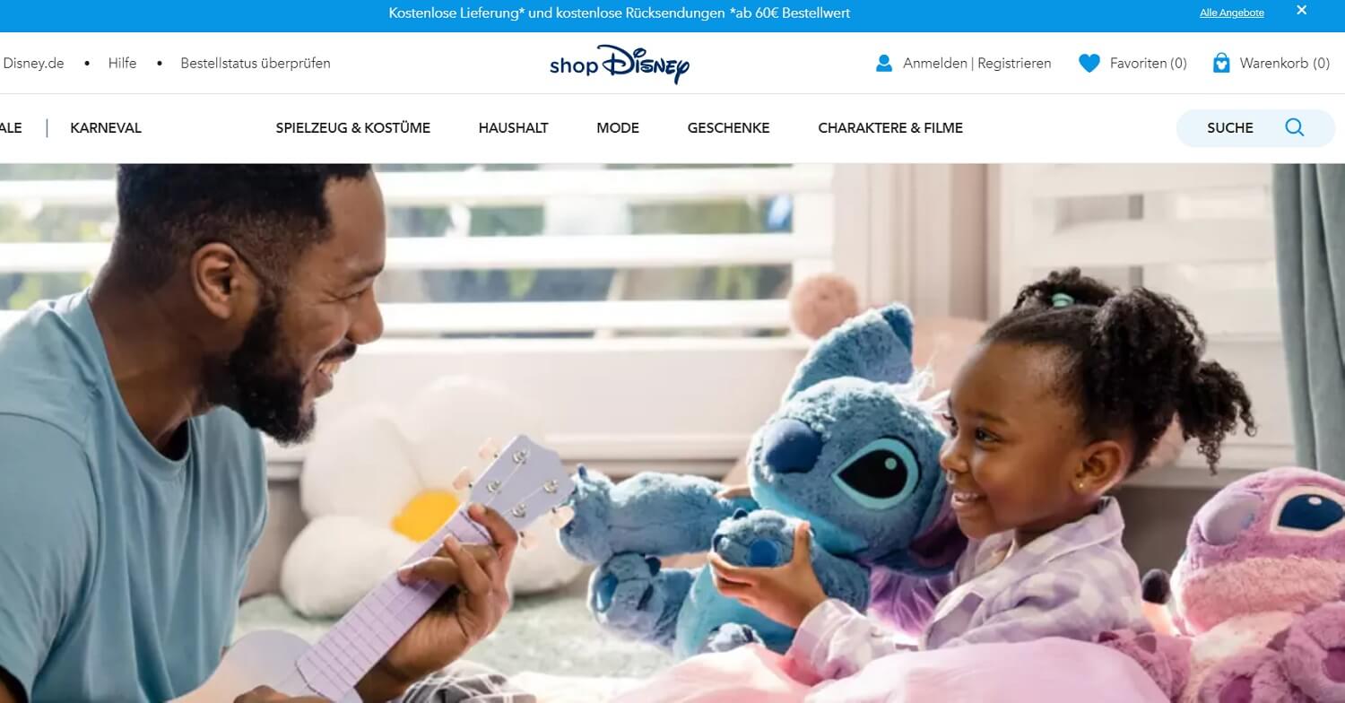 Screenshot der Website von shopdisney mit einem Bild von einem Vater mit seiner kleinen Tochter beim Spielen