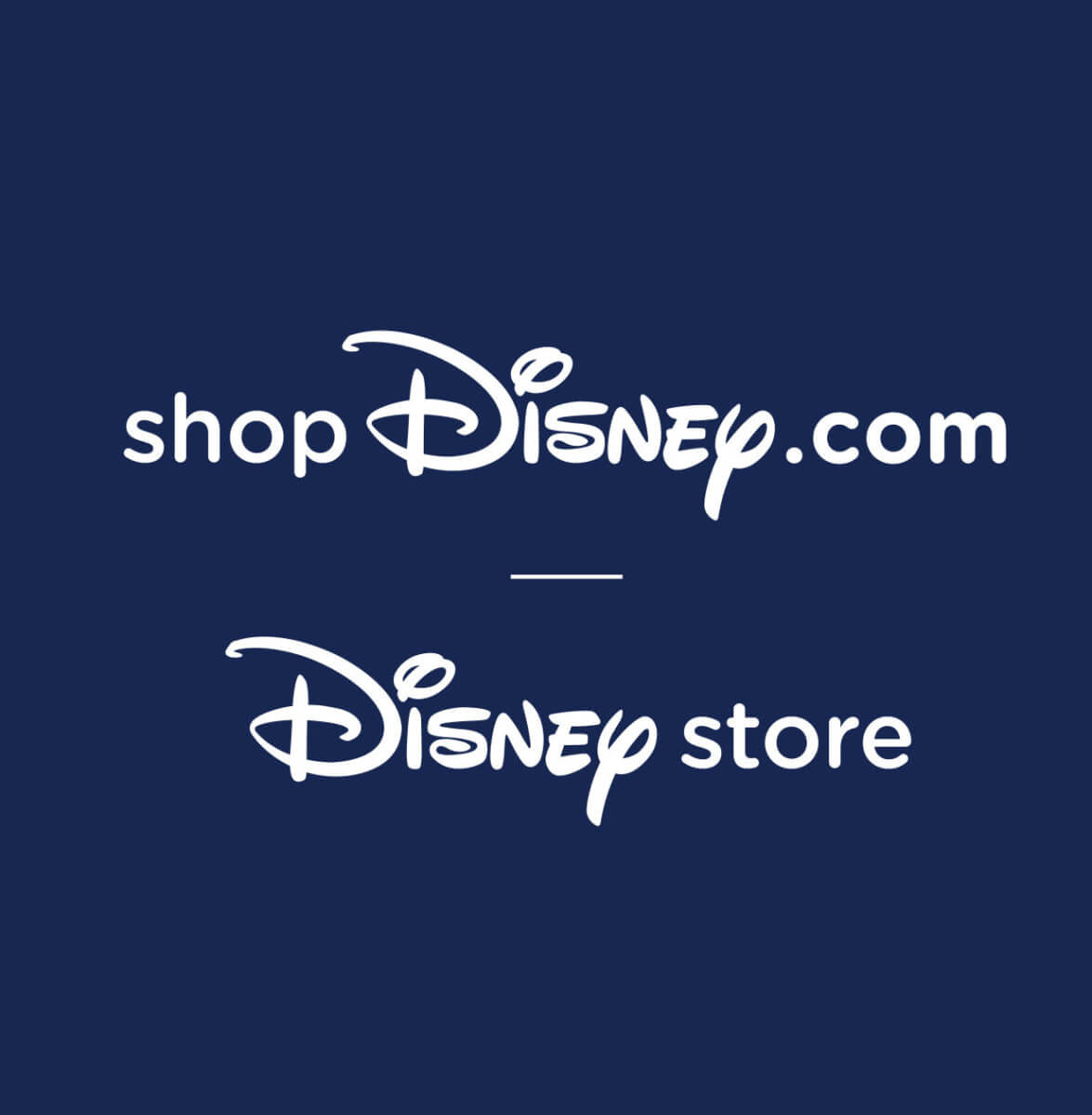 Grafik mit den Logos von shopdisney und dem Disney Store in weißer Schrift auf dunkelblauem Hintergrund