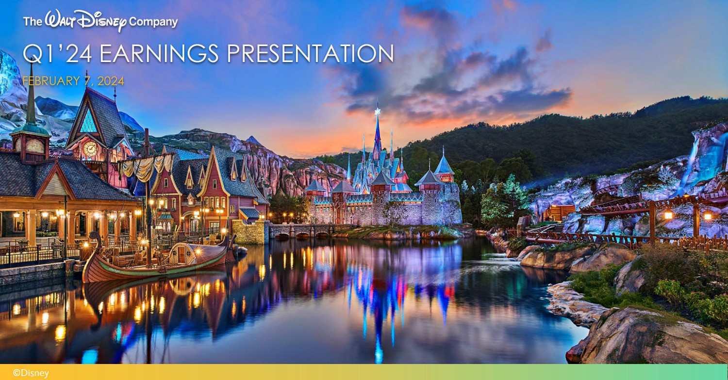 Visual zur Präsentation der Quartalszahlen der Walt Disney Company für das erste Quartal des Wirtschaftsjahres 2024 mit einem Bild des Frozen Bereichs aus Hong Kong Disneyland im Hintergrund