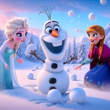 Schneemann Olaf jongliert mit Schneebällen, Anna und Elsa schauen ihm dabei interessiert zu.