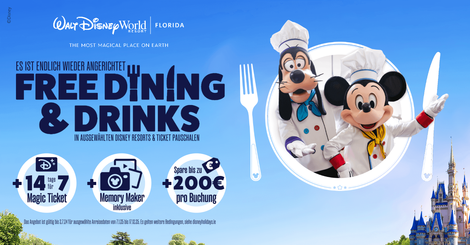 Werbegrafik für das Free Dining Angebot für 2025 in Walt Disney World