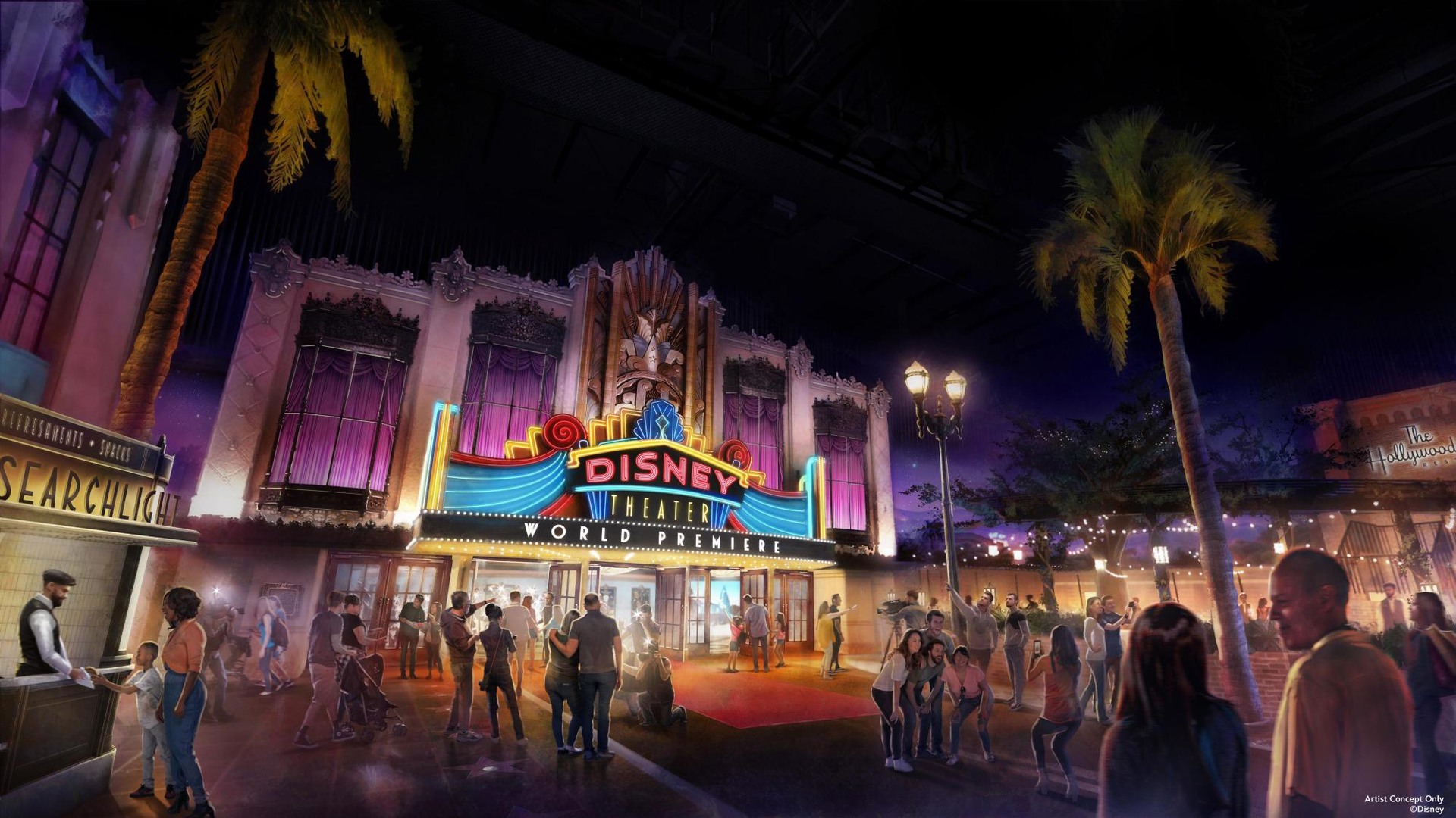 Eingang zu Disney Theater World Premiere bei Nacht