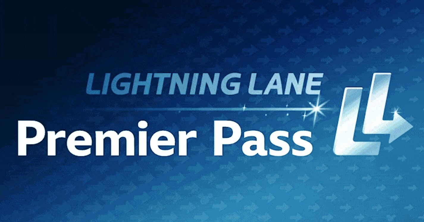 Lightning Lane Premier Pass Logo auf blauem Hintergrund