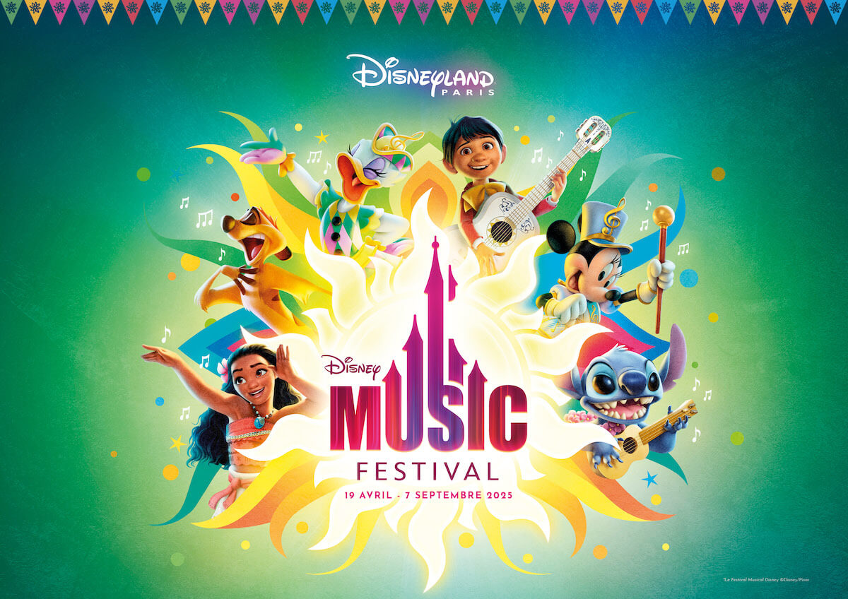 Werbegrafik für das erste Disney Music Festival in Disneyland Paris mit der Abbildung verschiedener singender und musizierender Disney Figuren