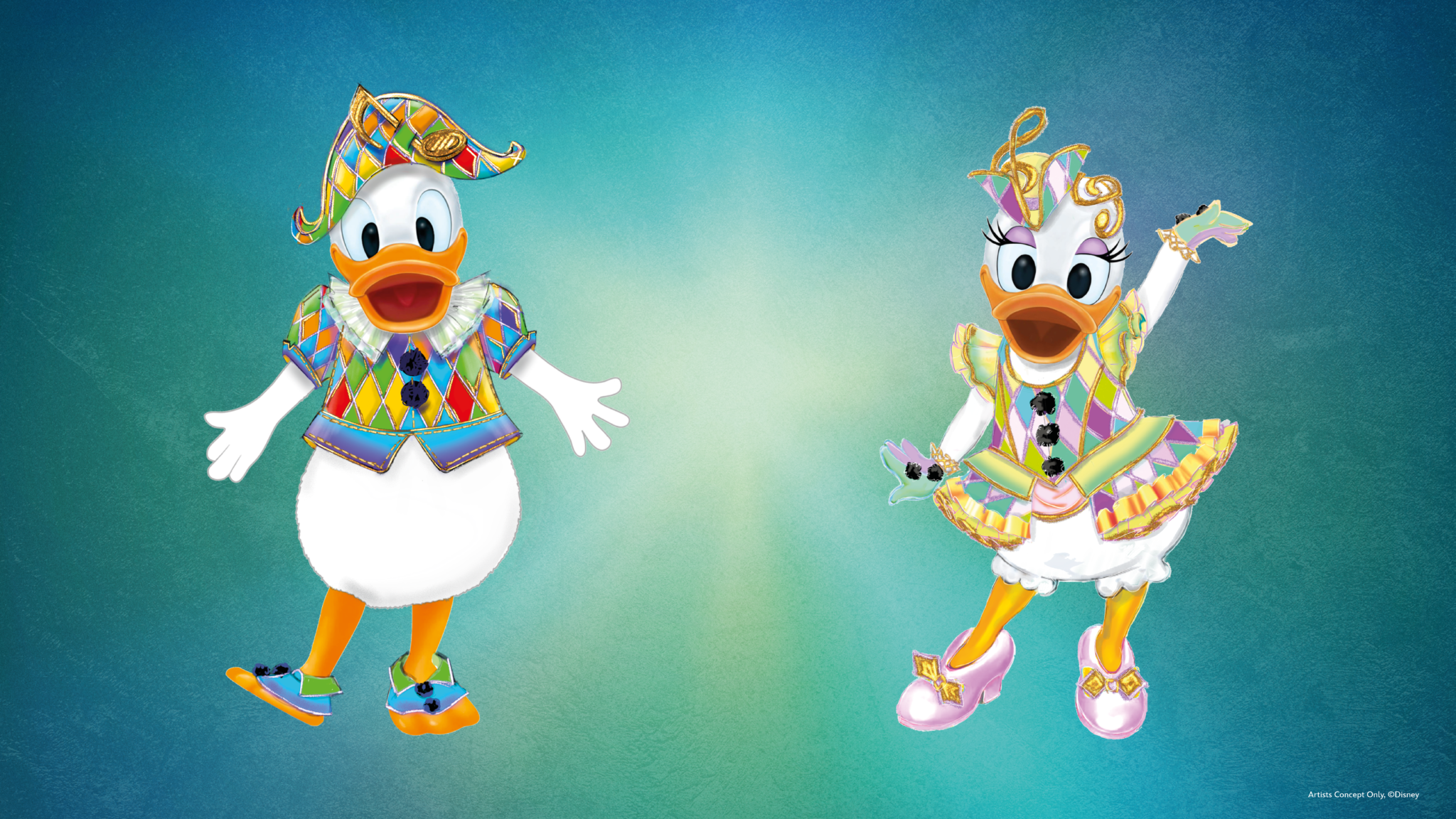 Donald und Daisy Duck in ihren neuen farbenfrohen Kostümen, die extra für das Disney Music Festival entworfen wurden.