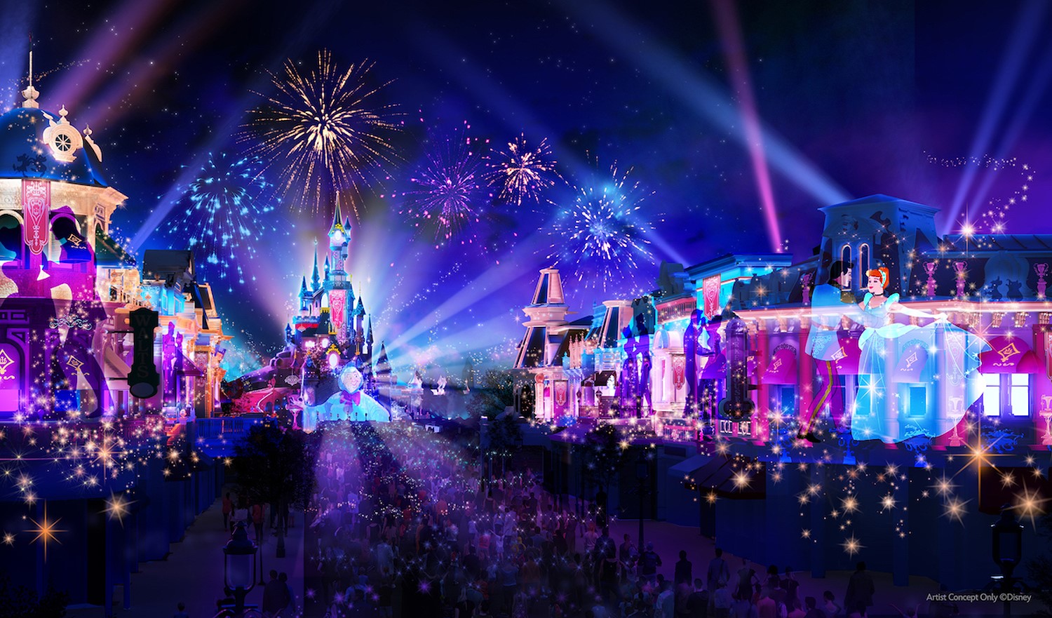 Concept Art zu Projektionen an den Fassaden der Main Street und dem Sleeping Beauty Castle im Einklang