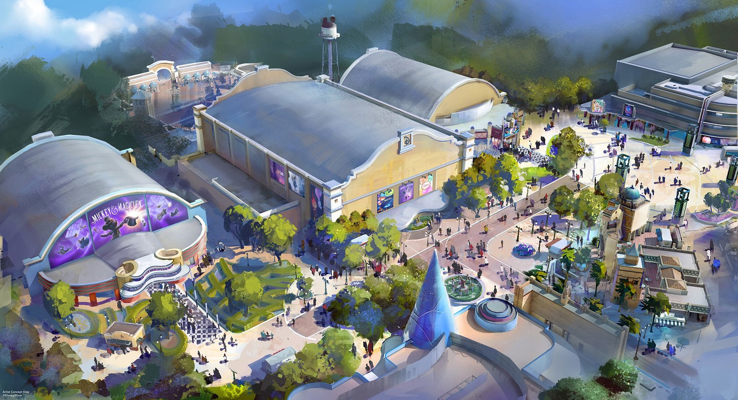 Der neue Eingangbereich der Disney Adventure World am Tag auf einem Concept Art