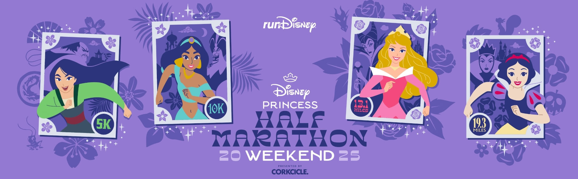 Werbegrafik für das Princess Half Marathon Weekend 2025 mit Bildern von Mulan, Jasmin, Aurora und Schneewittchen