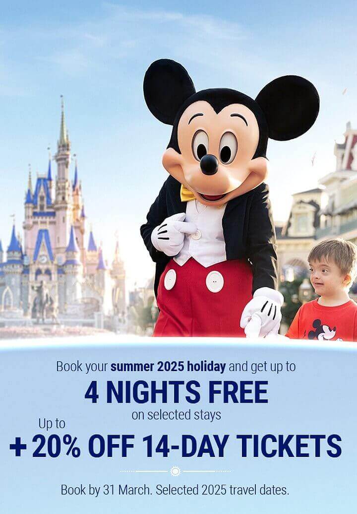 Up to 4 nights free and up to 20% off 14-day tickets on Walt Disney World Travel 2025 on selected travel dates