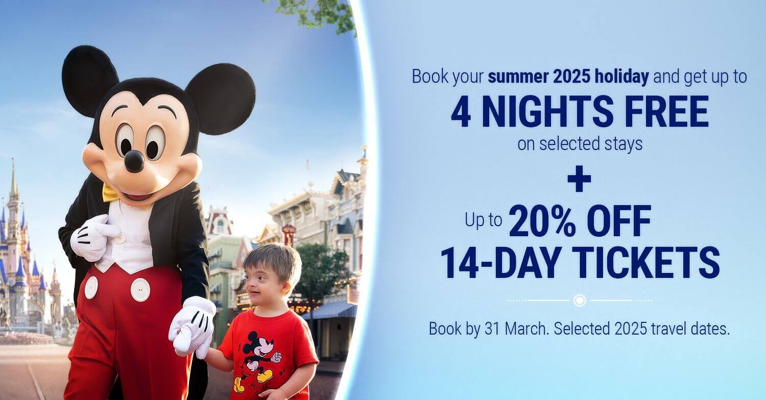 Up to 4 nights free and up to 20% off 14-day tickets on Walt Disney World Travel 2025 on selected travel dates