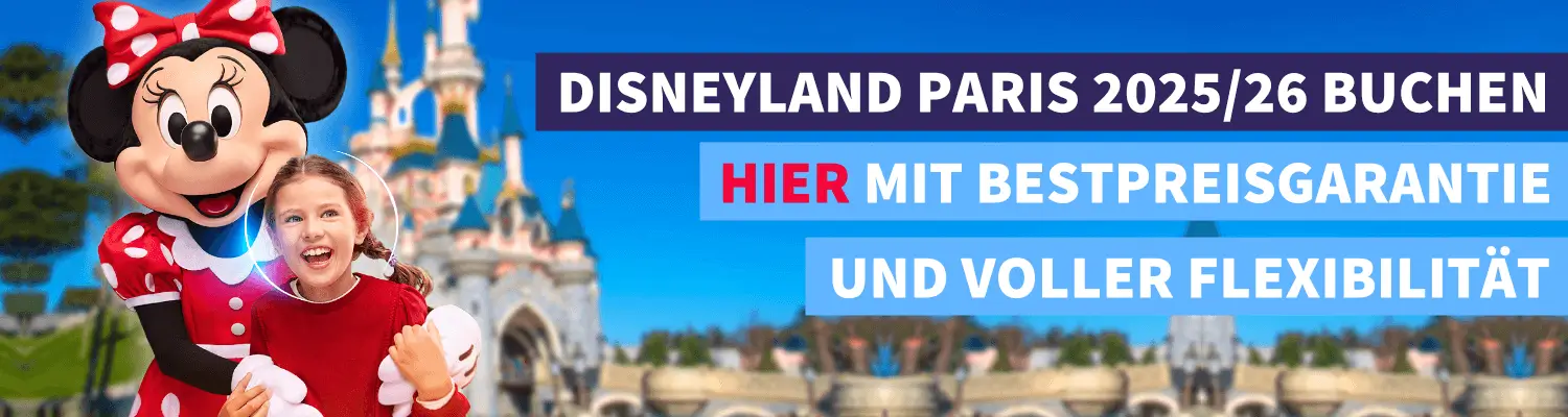 Banner mit Minnie Mouse und Kind: Disneyland Paris 2025/2026 buchen, hier mit Bestpreisgarantie und voller Flexibilität