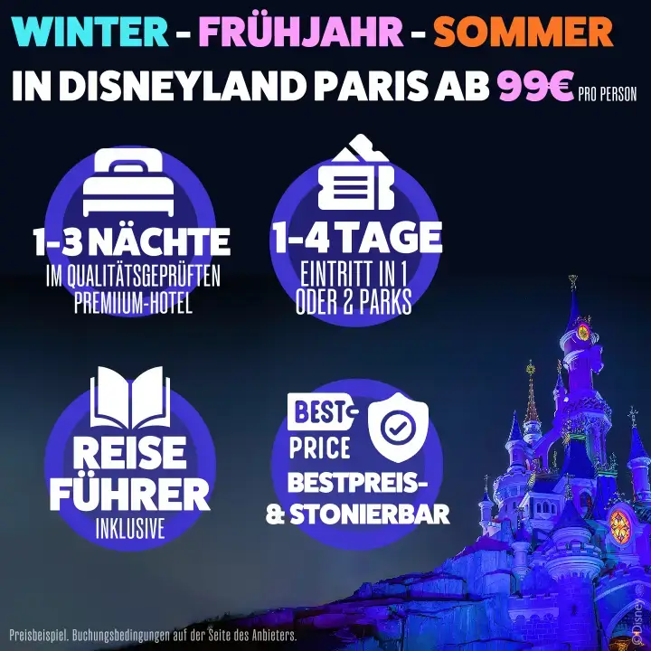 Bannerwerbung mit Sleeping Beauty Castle: Disneyland Paris ab 99 Euro pro Person mit Übernachtung und Eintritt