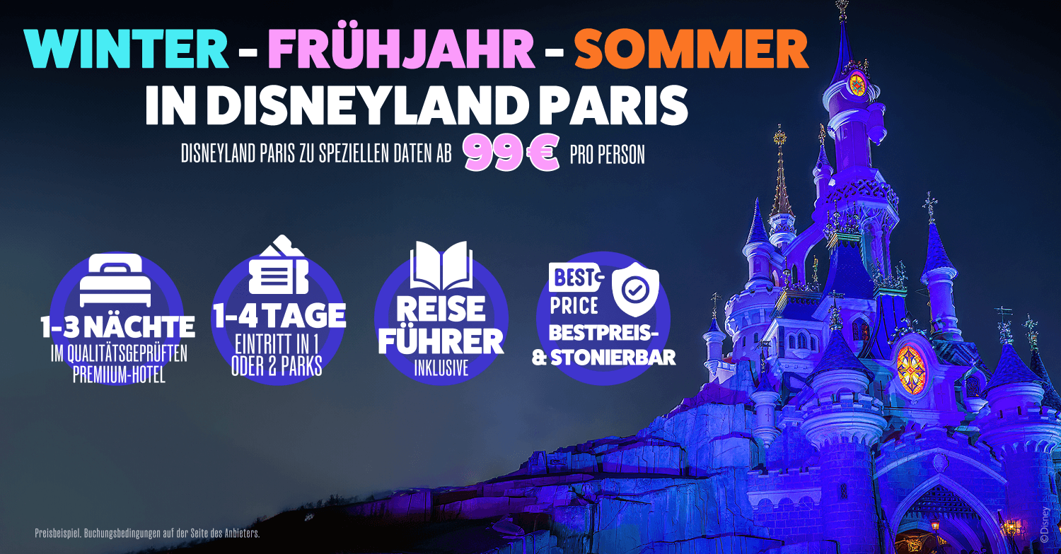 Bannerwerbung mit Sleeping Beauty Castle: Disneyland Paris ab 119 Euro pro Person mit Übernachtung und Eintritt