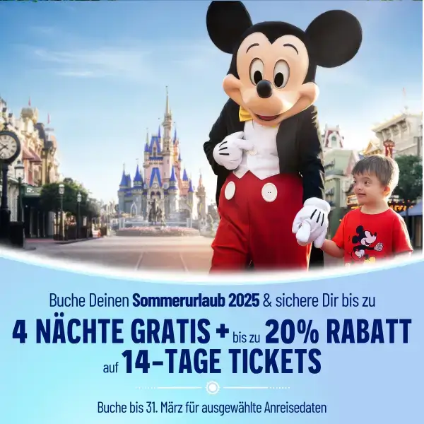 Bannerwerbung Bis zu 4 Nächte gratis und bis zu 20% Rabatt auf 14-Tages-Tickets auf Walt Disney World Reisen 2025 zu ausgewählten Reisedaten