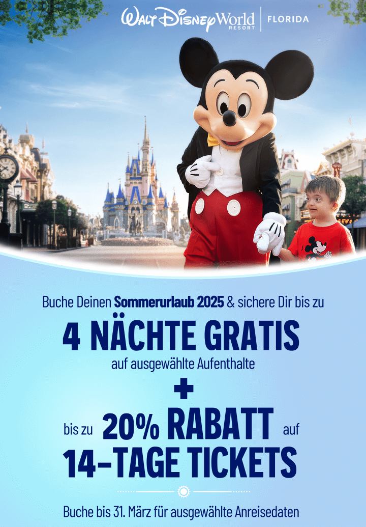 Bis zu 4 Nächte gratis und bis zu 20% Rabatt auf 14-Tages-Tickets auf Walt Disney World Reisen 2025 zu ausgewählten Reisedaten