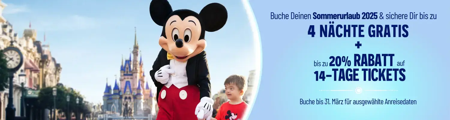 Bannerwerbung Bis zu 4 Nächte gratis und bis zu 20% Rabatt auf 14-Tages-Tickets auf Walt Disney World Reisen 2025 zu ausgewählten Reisedaten