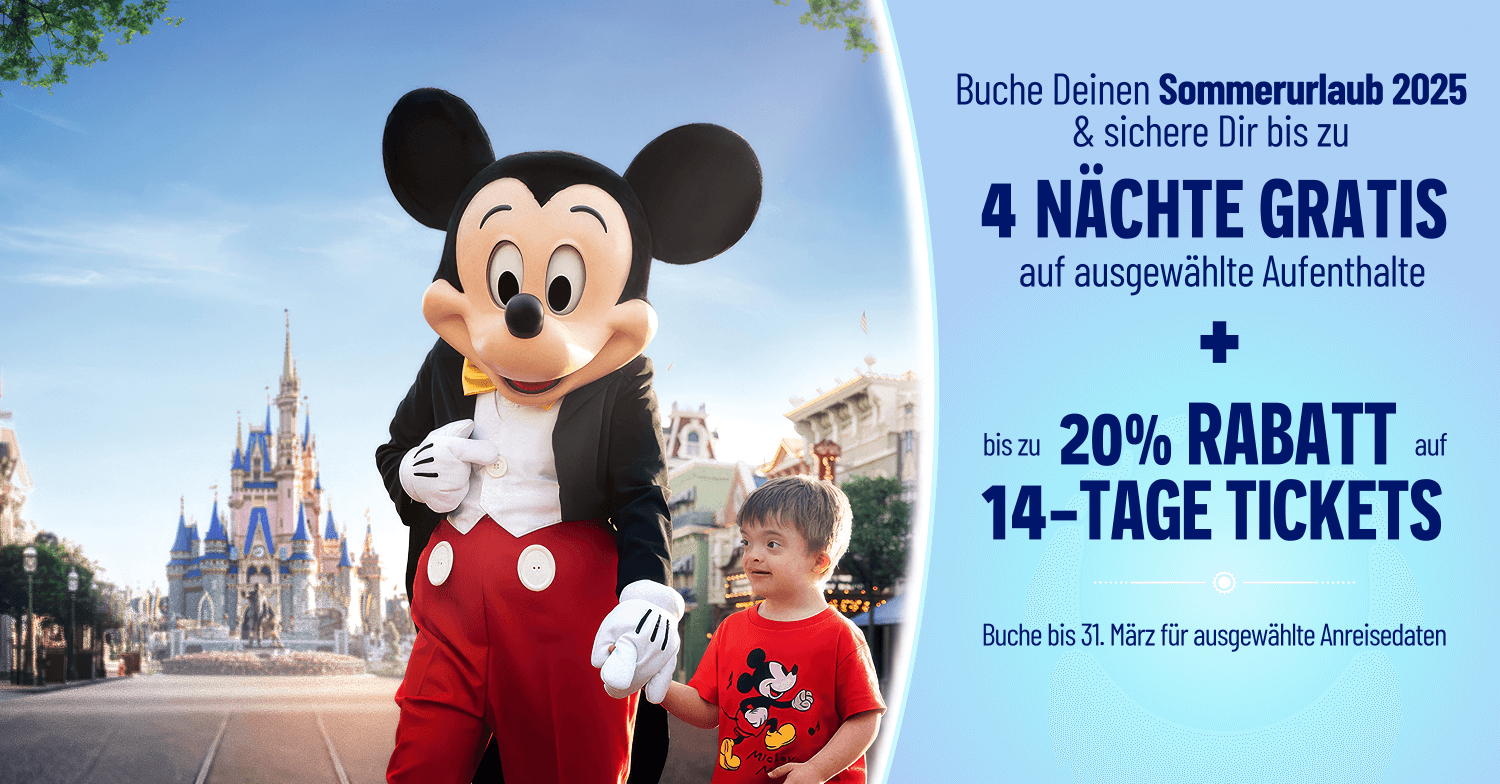 Bis zu 4 Nächte gratis und bis zu 20% Rabatt auf 14-Tages-Tickets auf Walt Disney World Reisen 2025 zu ausgewählten Reisedaten